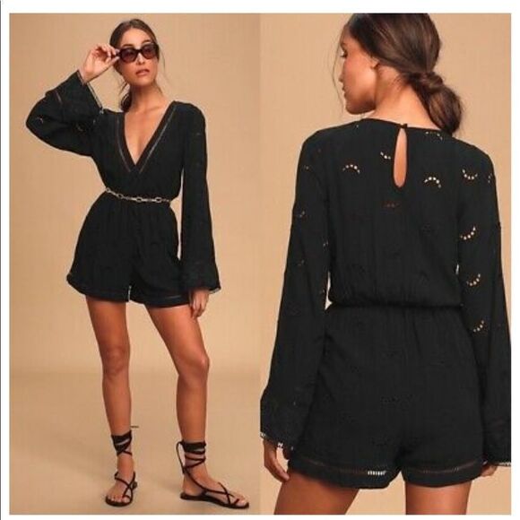 Lulus Moonlit Magic Black Embroidered Eyelet Long Sleeve Romper Size Small - Picture 1 of 11